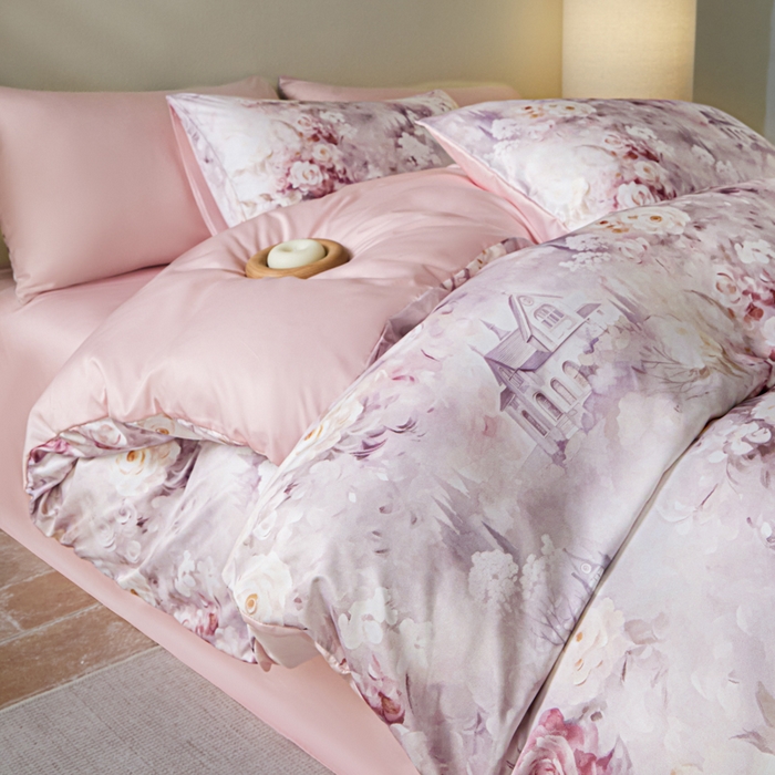 91家纺网 家纺一手货源 找家纺 麦田家纺 2025新款A类冰丝天丝玉锦缎印花四件套 梦丽雅仙豆沙