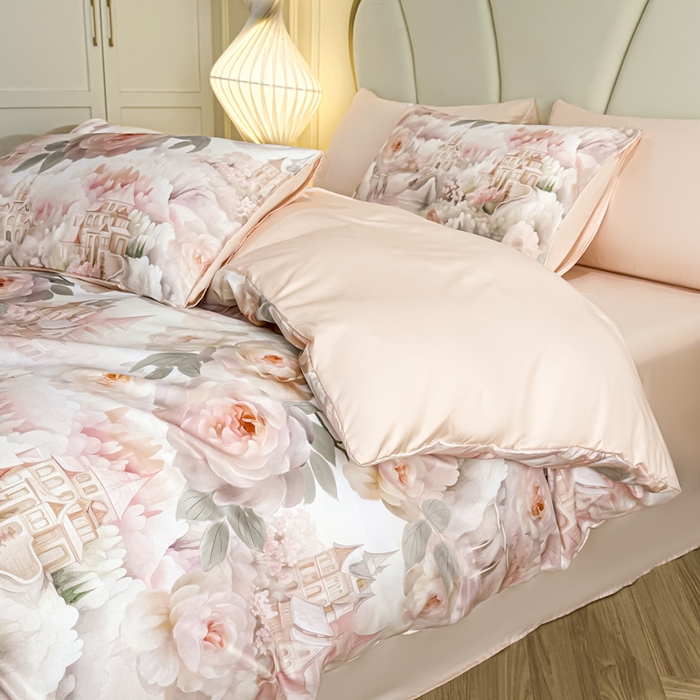 91家纺网 家纺一手货源 找家纺 麦田家纺 2025新款A类冰丝天丝玉锦缎印花四件套 丽梦园-玉