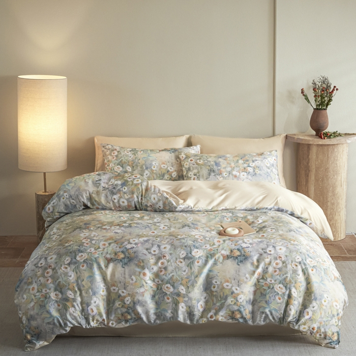 麦田家纺 2025新款A类冰丝天丝玉锦缎印花四件套 印象花园黄