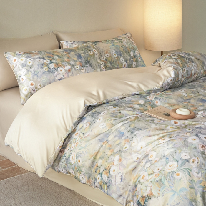 91家纺网 家纺一手货源 找家纺 麦田家纺 2025新款A类冰丝天丝玉锦缎印花四件套 印象花园黄