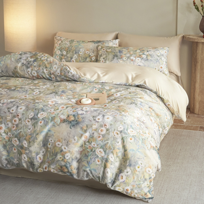 91家纺网 家纺一手货源 找家纺 麦田家纺 2025新款A类冰丝天丝玉锦缎印花四件套 印象花园黄