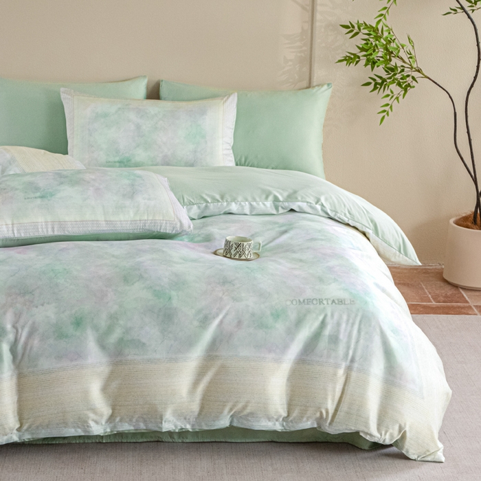 91家纺网 家纺一手货源 找家纺 麦田家纺 2025新款A类冰丝天丝玉锦缎印花四件套 华尔兹-烟青