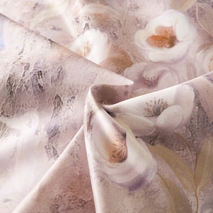 91家纺网 家纺一手货源 找家纺 麦田家纺 2025新款A类冰丝天丝玉锦缎印花四件套 印象花园粉紫