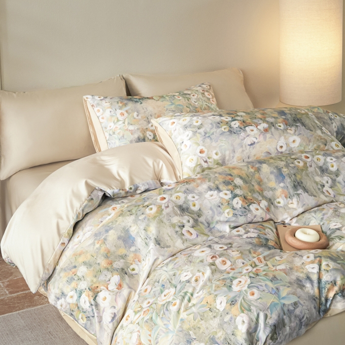 91家纺网 家纺一手货源 找家纺 麦田家纺 2025新款A类冰丝天丝玉锦缎印花四件套 印象花园黄