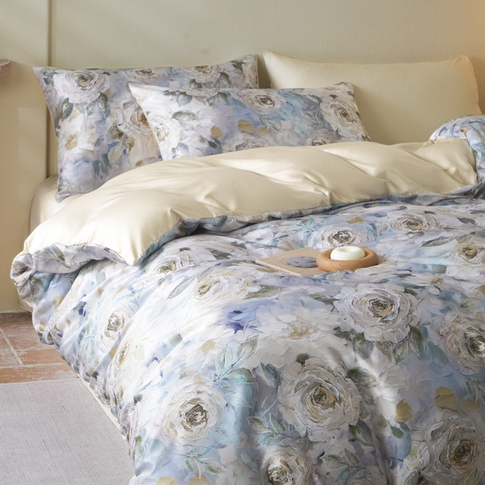 91家纺网 家纺一手货源 找家纺 麦田家纺 2025新款A类冰丝天丝玉锦缎印花四件套 莫奈玫瑰咖