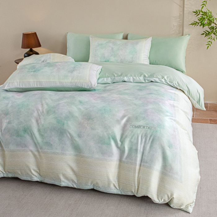 91家纺网 家纺一手货源 找家纺 麦田家纺 2025新款A类冰丝天丝玉锦缎印花四件套 华尔兹-烟青