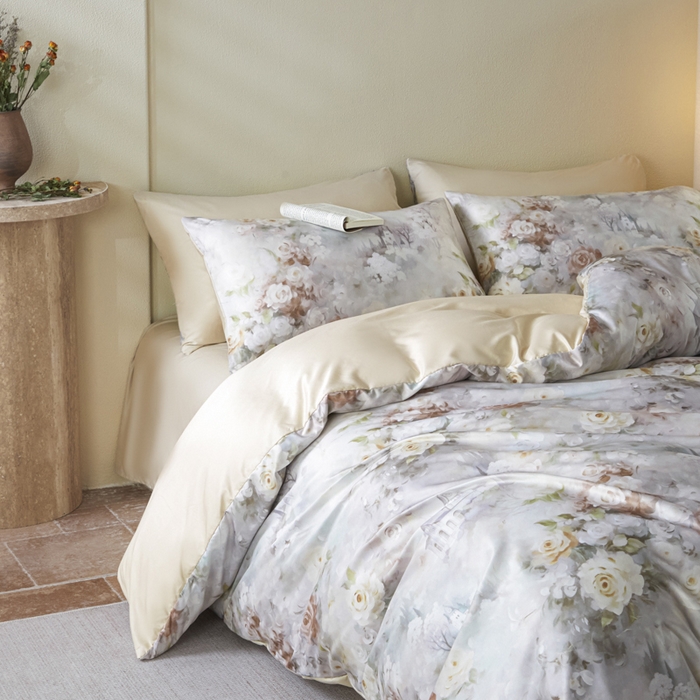 91家纺网 家纺一手货源 找家纺 麦田家纺 2025新款A类冰丝天丝玉锦缎印花四件套 梦里雅咖