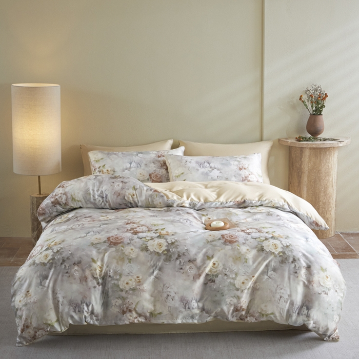 麦田家纺 2025新款A类冰丝天丝玉锦缎印花四件套 梦里雅咖