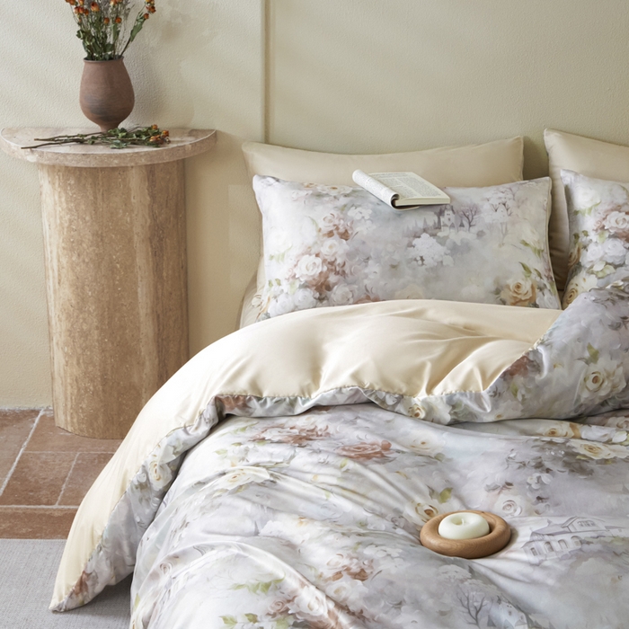 91家纺网 家纺一手货源 找家纺 麦田家纺 2025新款A类冰丝天丝玉锦缎印花四件套 梦里雅咖