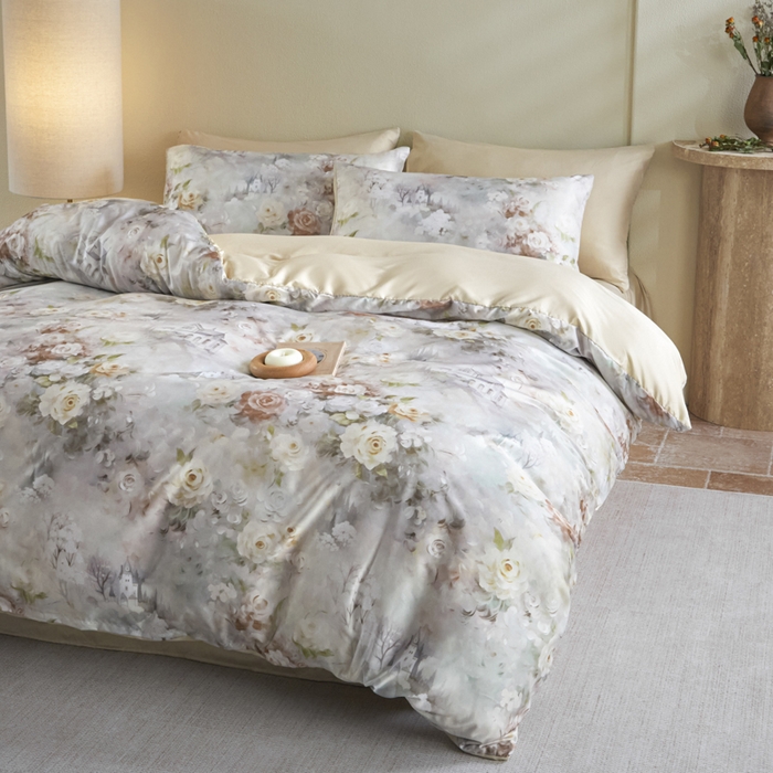 91家纺网 家纺一手货源 找家纺 麦田家纺 2025新款A类冰丝天丝玉锦缎印花四件套 梦里雅咖