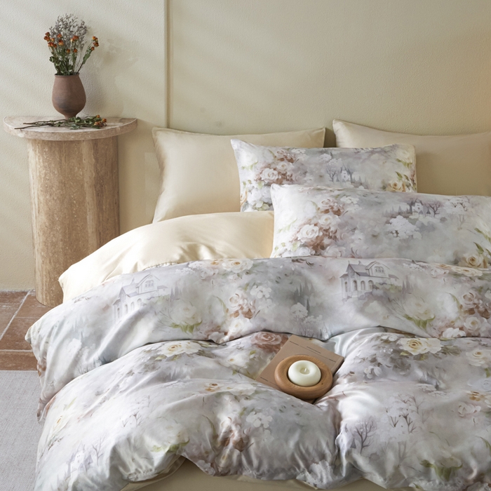 91家纺网 家纺一手货源 找家纺 麦田家纺 2025新款A类冰丝天丝玉锦缎印花四件套 梦里雅咖