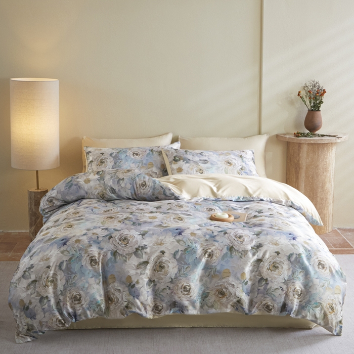 麦田家纺 2025新款A类冰丝天丝玉锦缎印花四件套 莫奈玫瑰咖