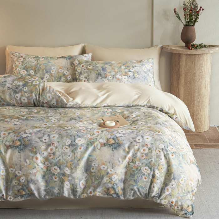 91家纺网 家纺一手货源 找家纺 麦田家纺 2025新款A类冰丝天丝玉锦缎印花四件套 印象花园黄