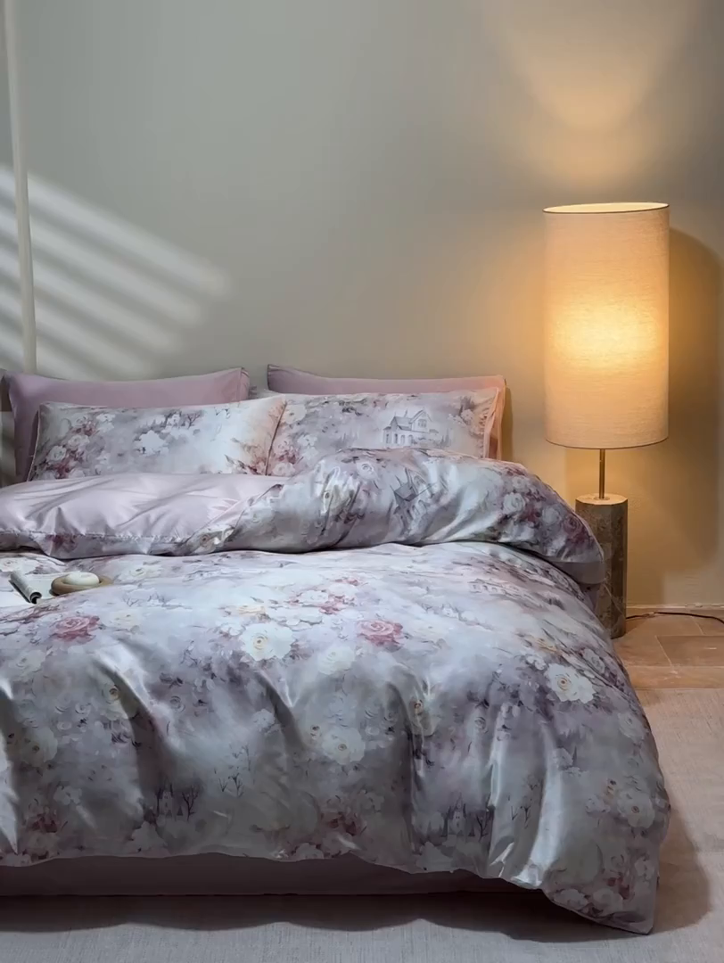 91家纺网 家纺一手货源 找家纺 麦田家纺 2025新款A类冰丝天丝玉锦缎印花四件套 梦丽雅仙豆沙