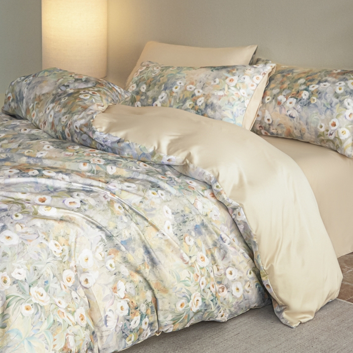 91家纺网 家纺一手货源 找家纺 麦田家纺 2025新款A类冰丝天丝玉锦缎印花四件套 印象花园黄