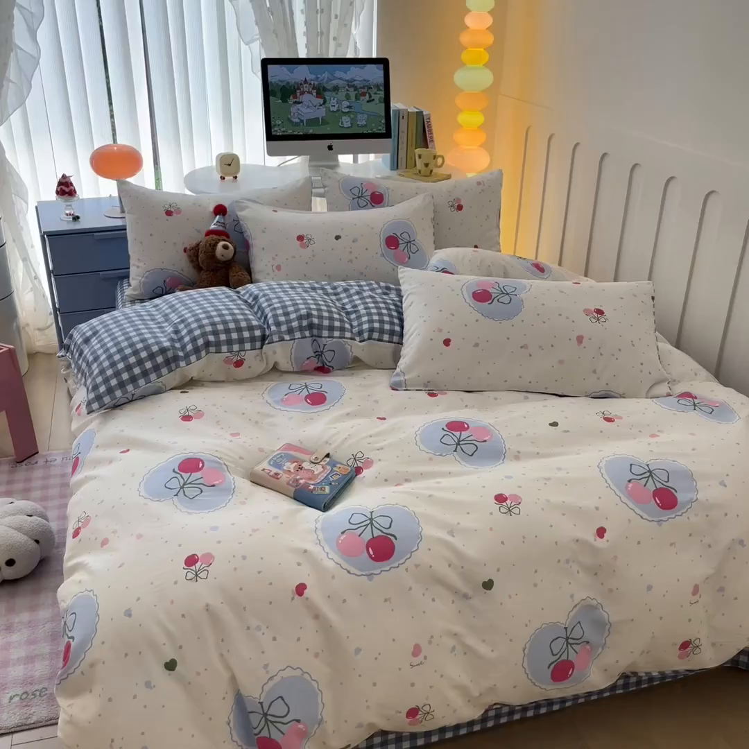 91家纺网 家纺一手货源 找家纺 麦田家纺 2025新款花卉全棉印花四件套系列 樱桃丸子
