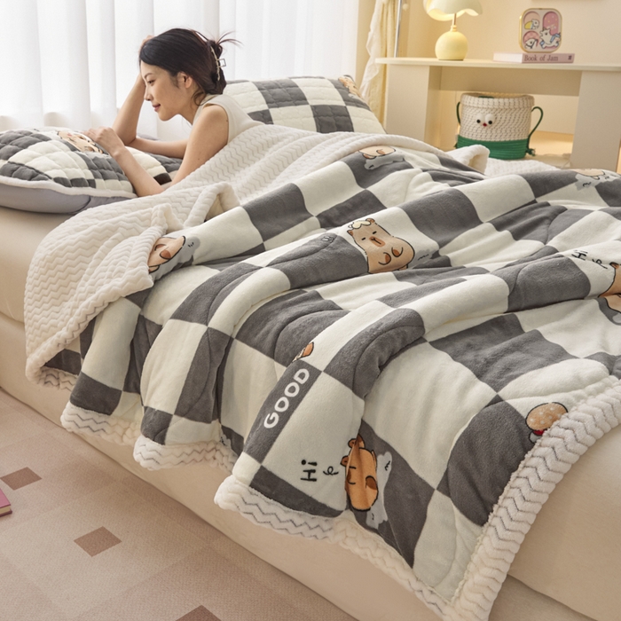 91家纺网 家纺一手货源 找家纺 莉莉安家纺 2025秋冬新款加厚三层夹棉牛奶绒贝贝绒毯冬季保暖盖毯复合毛毯 水豚格语