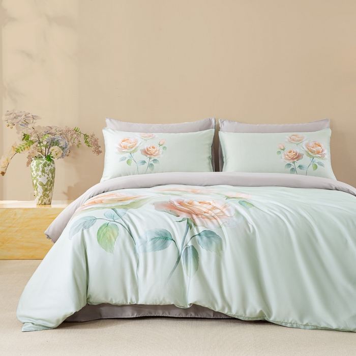 91家纺网 家纺一手货源 找家纺 麦田家纺 2025新款50S莱赛尔天丝印花四件套 览芳华-绿