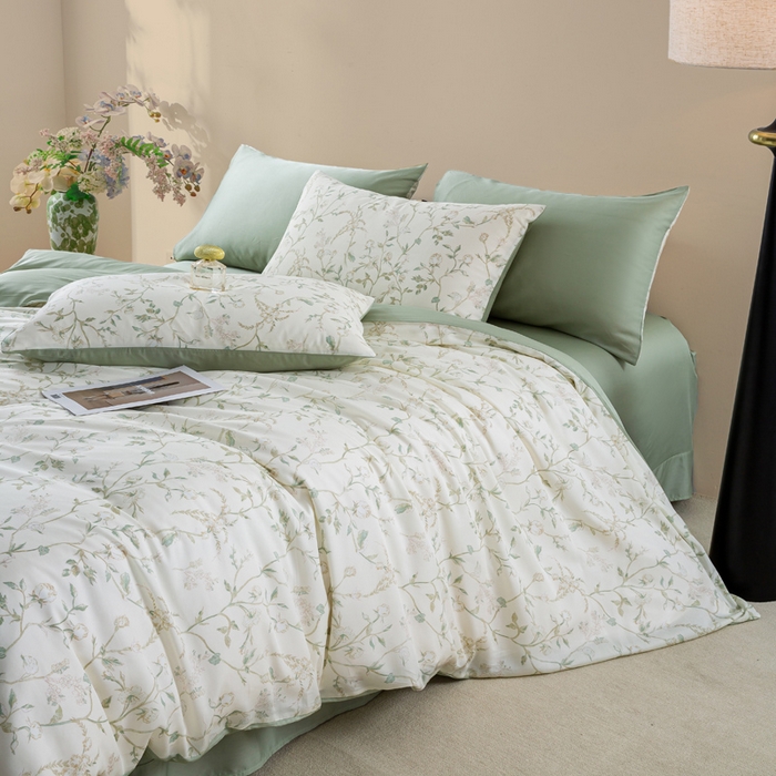 91家纺网 家纺一手货源 找家纺 麦田家纺 2025新款50S莱赛尔天丝印花四件套 浅爱