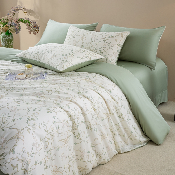 91家纺网 家纺一手货源 找家纺 麦田家纺 2025新款50S莱赛尔天丝印花四件套 浅爱