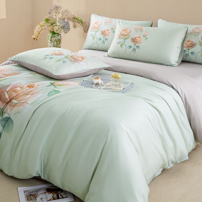 91家纺网 家纺一手货源 找家纺 麦田家纺 2025新款50S莱赛尔天丝印花四件套 览芳华-绿