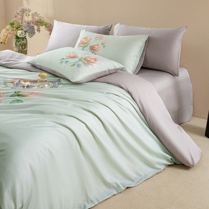 91家纺网 家纺一手货源 找家纺 麦田家纺 2025新款50S莱赛尔天丝印花四件套 览芳华-绿