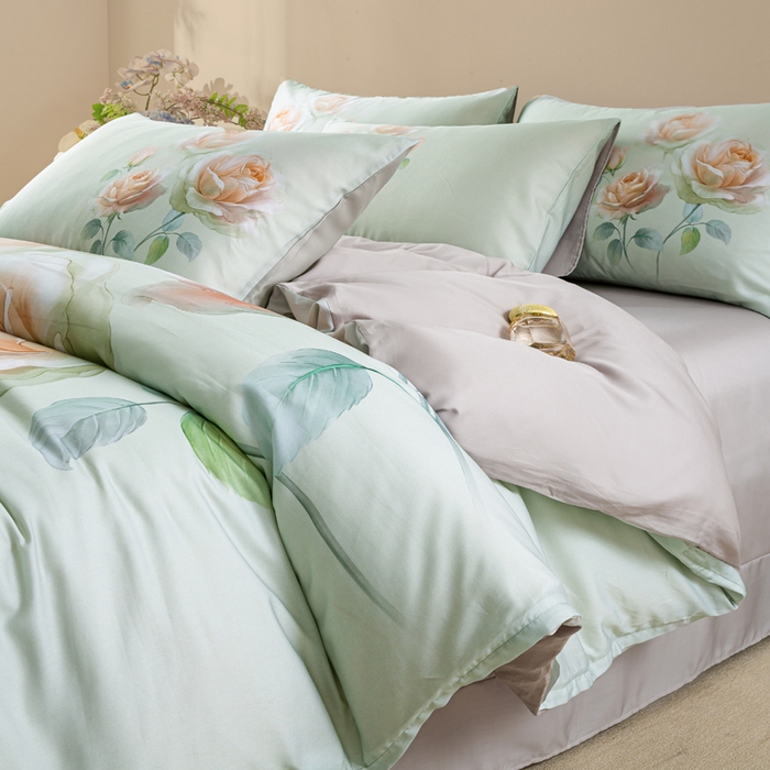 91家纺网 家纺一手货源 找家纺 麦田家纺 2025新款50S莱赛尔天丝印花四件套 览芳华-绿