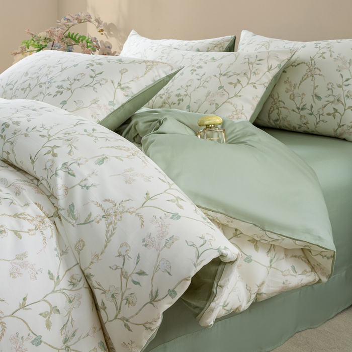 91家纺网 家纺一手货源 找家纺 麦田家纺 2025新款50S莱赛尔天丝印花四件套 浅爱