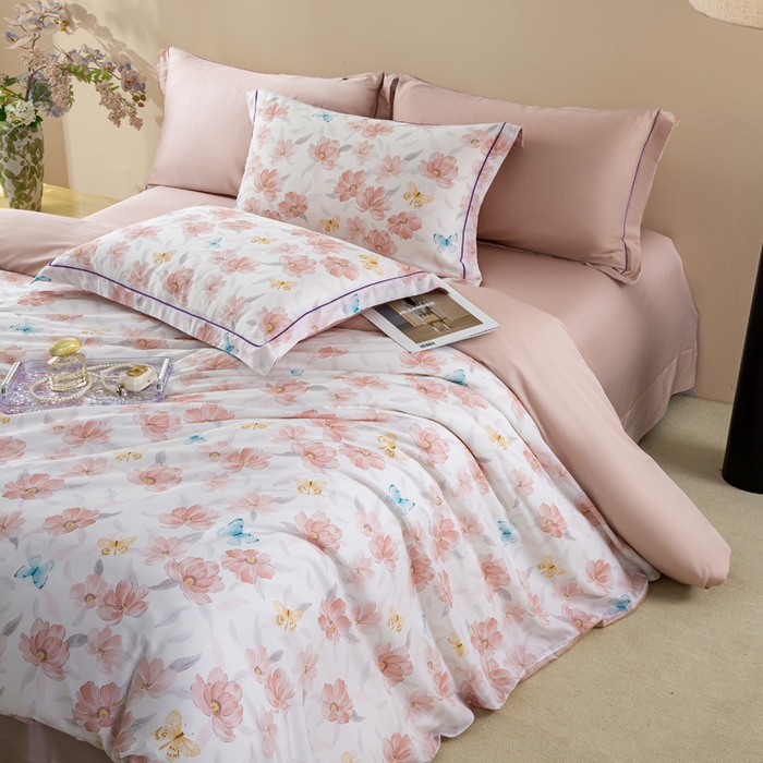 91家纺网 家纺一手货源 找家纺 麦田家纺 2025新款50S莱赛尔天丝印花四件套 渺渺飞花