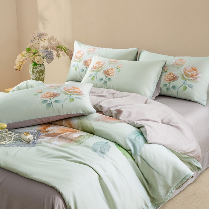 91家纺网 家纺一手货源 找家纺 麦田家纺 2025新款50S莱赛尔天丝印花四件套 览芳华-绿