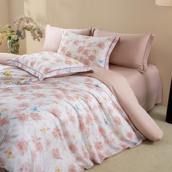 91家纺网 家纺一手货源 找家纺 麦田家纺 2025新款50S莱赛尔天丝印花四件套 渺渺飞花