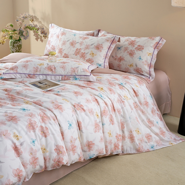 91家纺网 家纺一手货源 找家纺 麦田家纺 2025新款50S莱赛尔天丝印花四件套 渺渺飞花