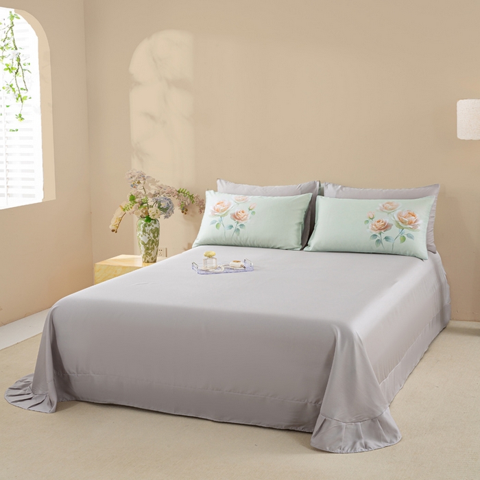 91家纺网 家纺一手货源 找家纺 麦田家纺 2025新款50S莱赛尔天丝印花四件套 览芳华-绿