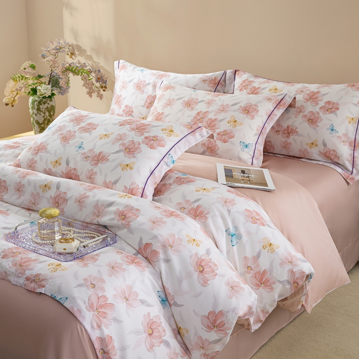 91家纺网 家纺一手货源 找家纺 麦田家纺 2025新款50S莱赛尔天丝印花四件套 渺渺飞花