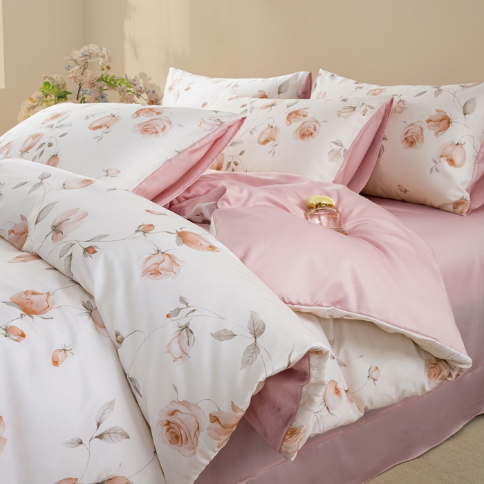 91家纺网 家纺一手货源 找家纺 麦田家纺 2025新款50S莱赛尔天丝印花四件套 花艺盈香-粉