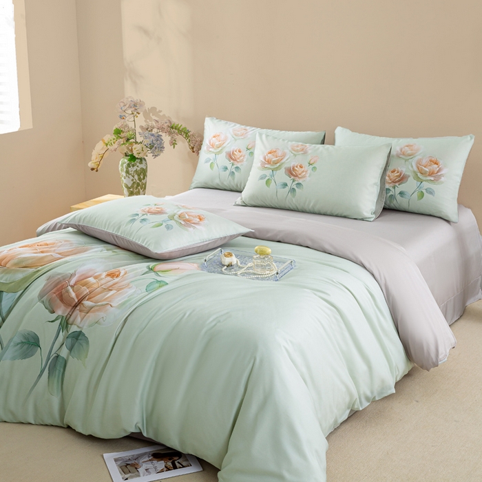 91家纺网 家纺一手货源 找家纺 麦田家纺 2025新款50S莱赛尔天丝印花四件套 览芳华-绿