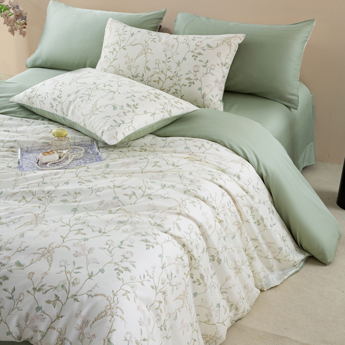 91家纺网 家纺一手货源 找家纺 麦田家纺 2025新款50S莱赛尔天丝印花四件套 浅爱