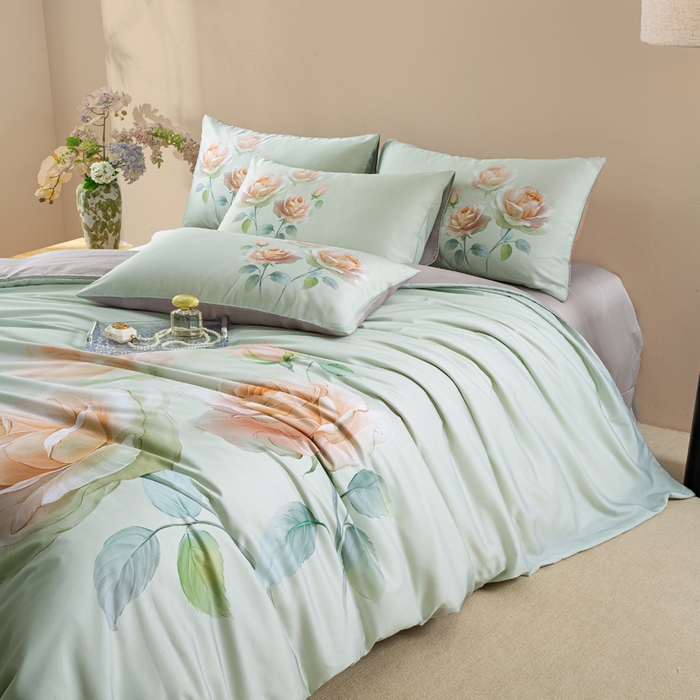 91家纺网 家纺一手货源 找家纺 麦田家纺 2025新款50S莱赛尔天丝印花四件套 览芳华-绿