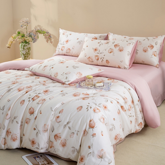 91家纺网 家纺一手货源 找家纺 麦田家纺 2025新款50S莱赛尔天丝印花四件套 花艺盈香-粉