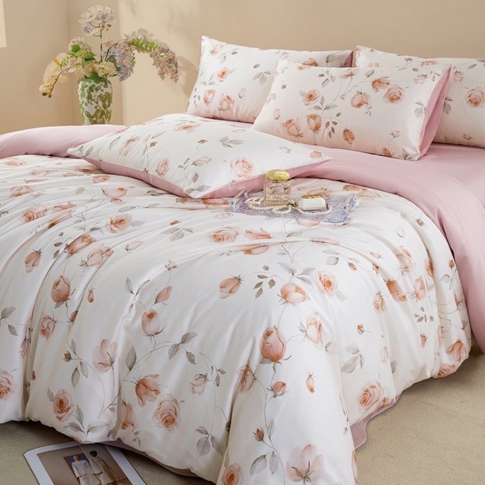 91家纺网 家纺一手货源 找家纺 麦田家纺 2025新款50S莱赛尔天丝印花四件套 花艺盈香-粉