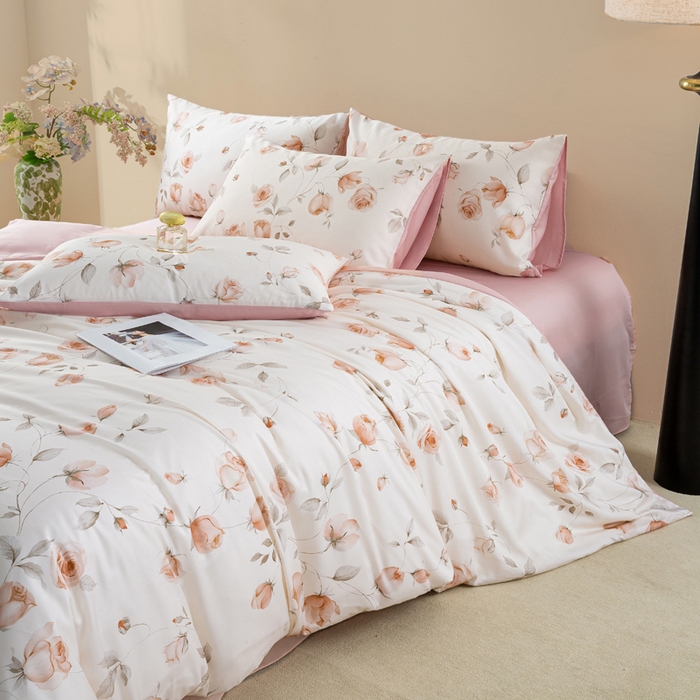 91家纺网 家纺一手货源 找家纺 麦田家纺 2025新款50S莱赛尔天丝印花四件套 花艺盈香-粉