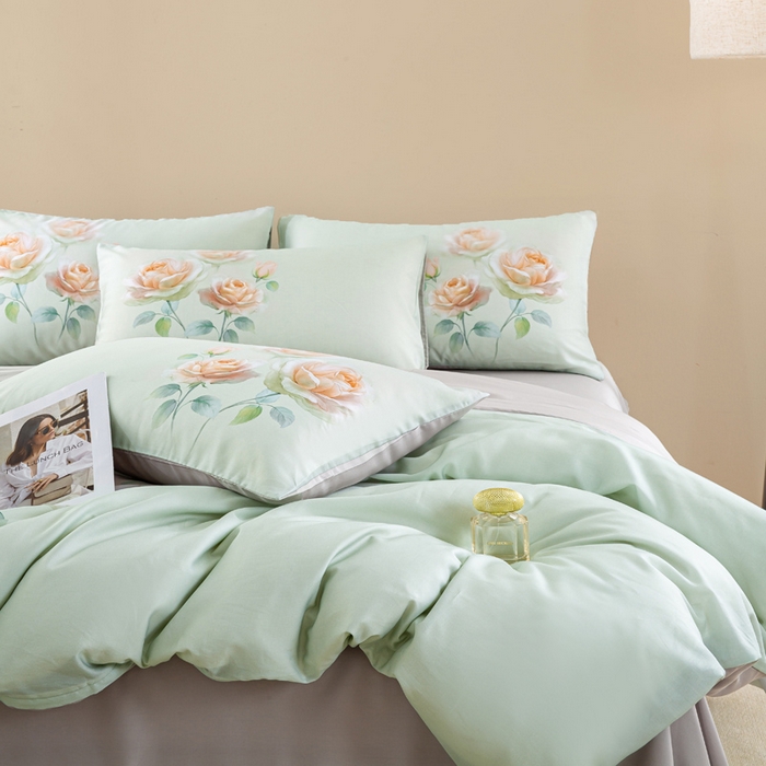 91家纺网 家纺一手货源 找家纺 麦田家纺 2025新款50S莱赛尔天丝印花四件套 览芳华-绿