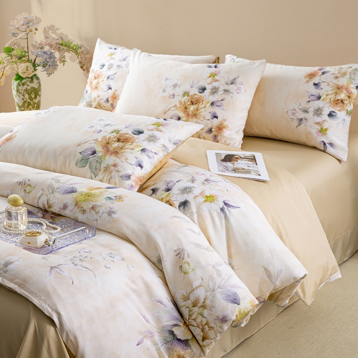 91家纺网 家纺一手货源 找家纺 麦田家纺 2025新款50S莱赛尔天丝印花四件套 洛思-黄