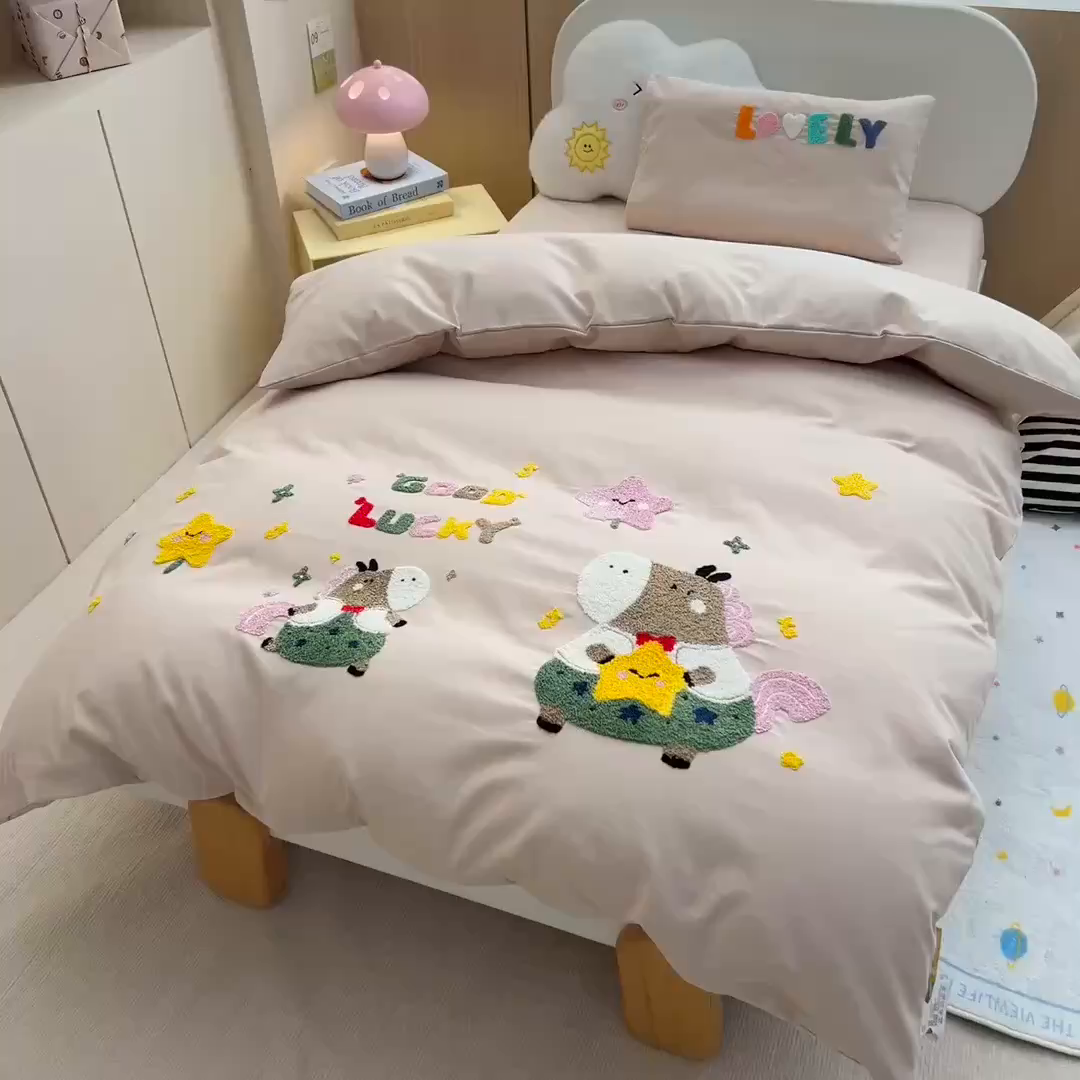 91家纺网 家纺一手货源 找家纺 （总）梵赫2025新款全棉A类5050磨毛卡通毛巾绣婴童套件幼儿园三件套