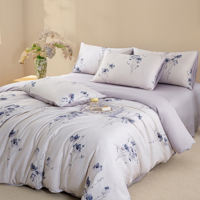 91家纺网 家纺一手货源 找家纺 麦田家纺 2025新款50S莱赛尔天丝印花四件套 蓝韵生香