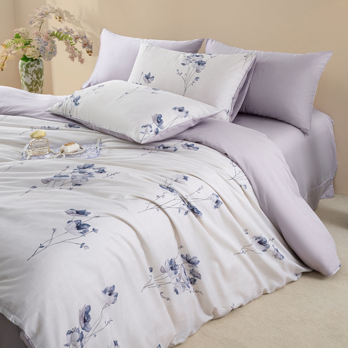 91家纺网 家纺一手货源 找家纺 麦田家纺 2025新款50S莱赛尔天丝印花四件套 蓝韵生香