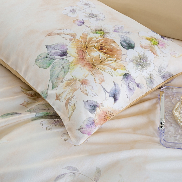 91家纺网 家纺一手货源 找家纺 麦田家纺 2025新款50S莱赛尔天丝印花四件套 洛思-黄