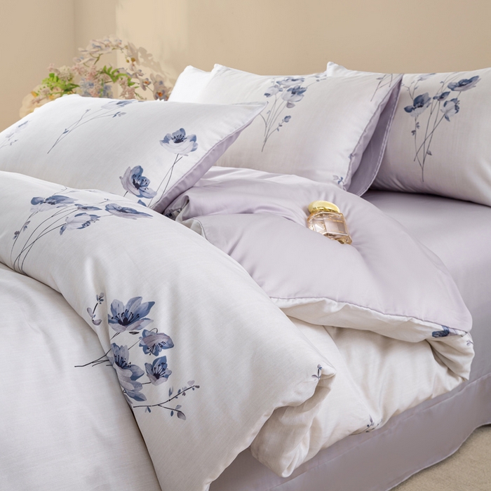 91家纺网 家纺一手货源 找家纺 麦田家纺 2025新款50S莱赛尔天丝印花四件套 蓝韵生香