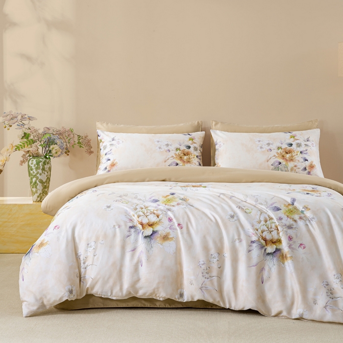 91家纺网 家纺一手货源 找家纺 麦田家纺 2025新款50S莱赛尔天丝印花四件套 洛思-黄