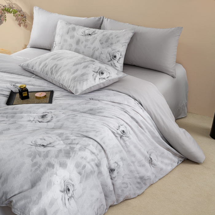 91家纺网 家纺一手货源 找家纺 麦田家纺 2025新款50S莱赛尔天丝印花四件套 豹纹诱惑-灰